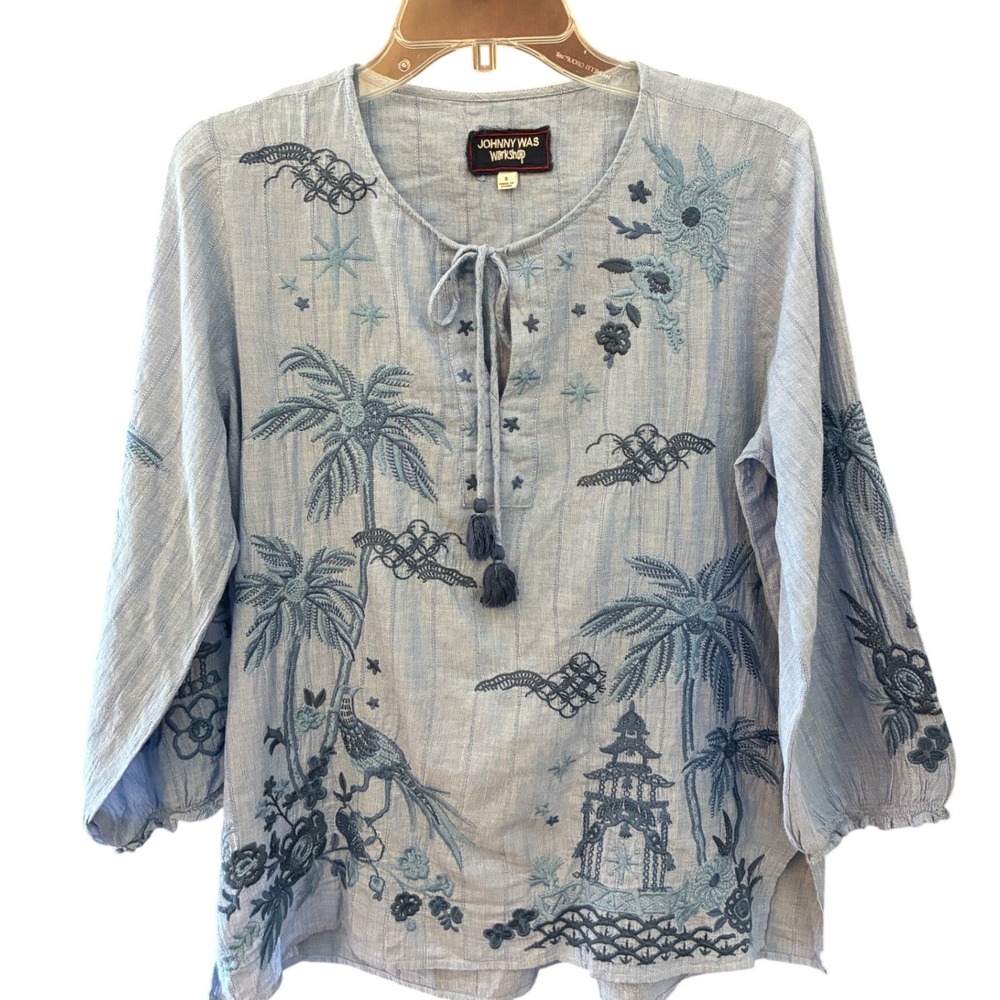 Johnny Was Workshop Blouse Womens S Blue Excellent Embroidered Tassel W11221-5